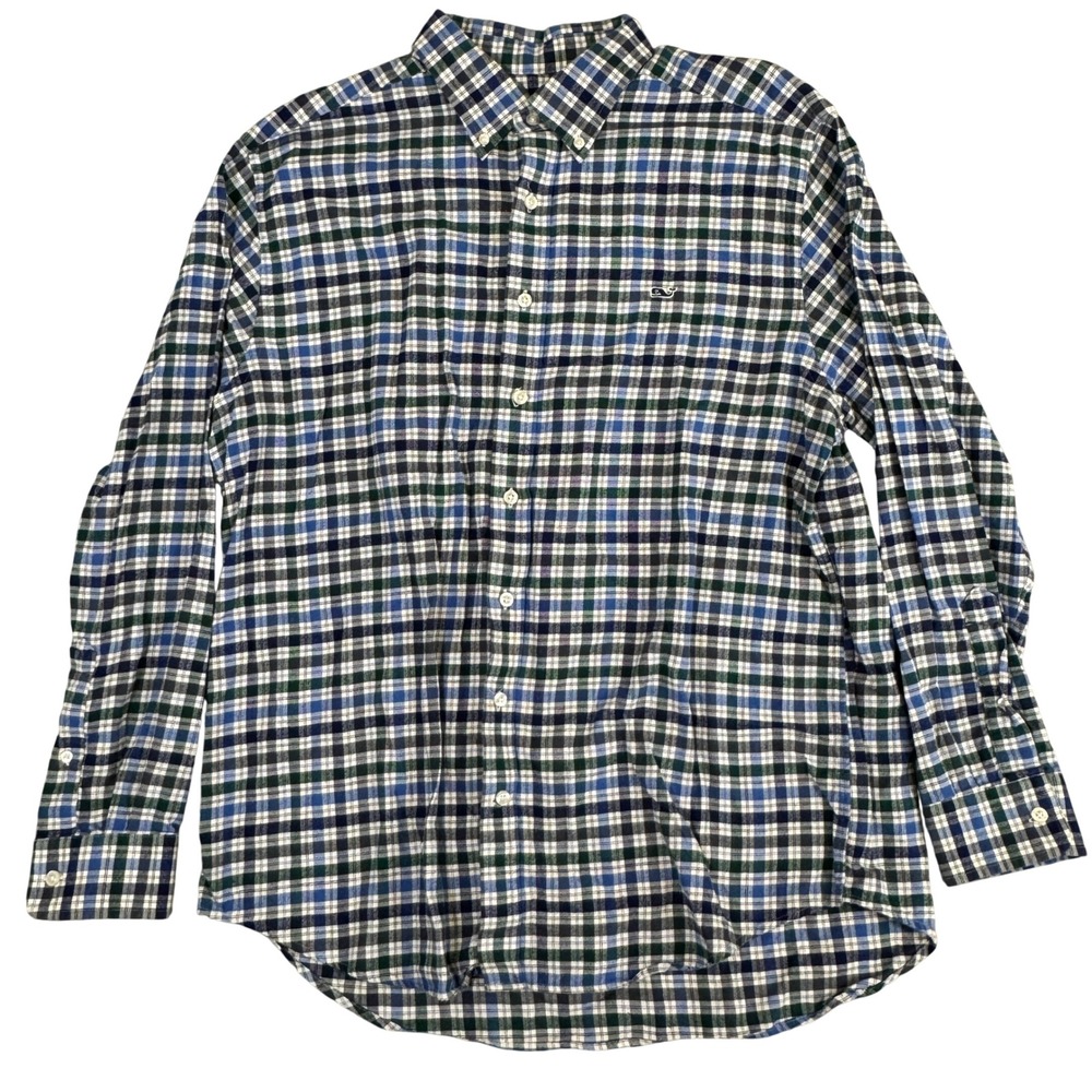 Vineyard Vines Mens XL Slim Fit Whale Shirt Blue Green Plaid Cotton Button Down
